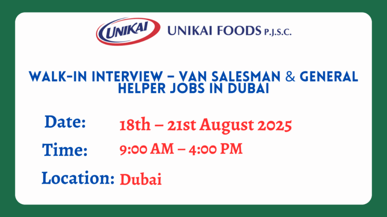 Walk-In Interview – Van Salesman & General Helper Jobs in Dubai